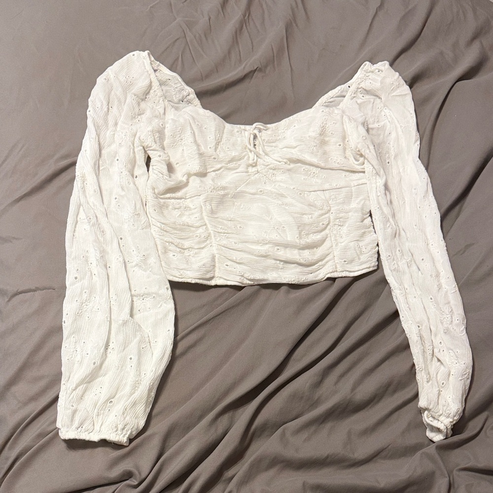 Hollister White Eyelet Cropped Long-Sleeve Blouse